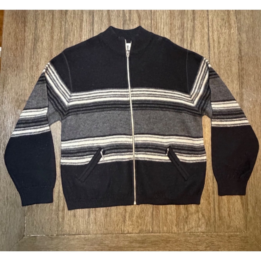 Fashion Bug Womens Medium 100% Merino Wool Full Zip Striped Mock‎ Neck Sweater